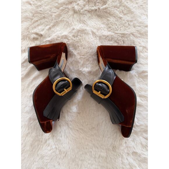 Prada Black/Brown Velvet and Leather Kiltie Mule Sandals - Picture 4 of 10